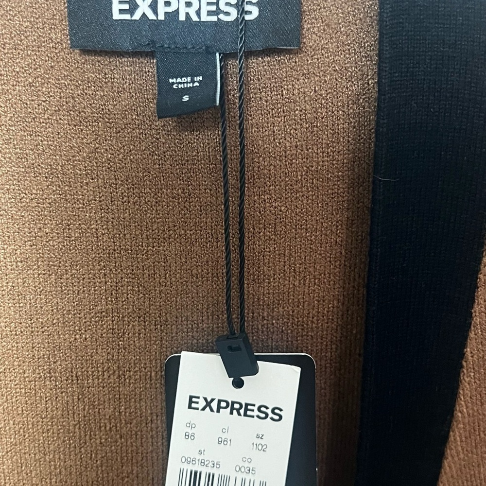Express Tipped Padded Shoulder Novelty Button Long Cardigan Brown Black S NWT - Picture 5 of 7